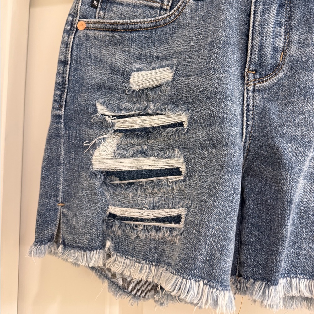 Judy Blue Mid Rise Distressed Denim Shorts - Picture 2 of 6